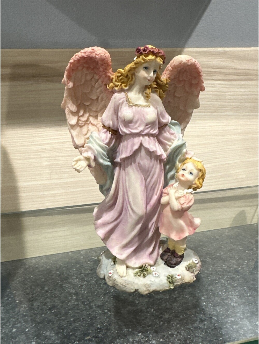 Collectible Porcelain Angel With Little Girl Pink Wings Purple Dress